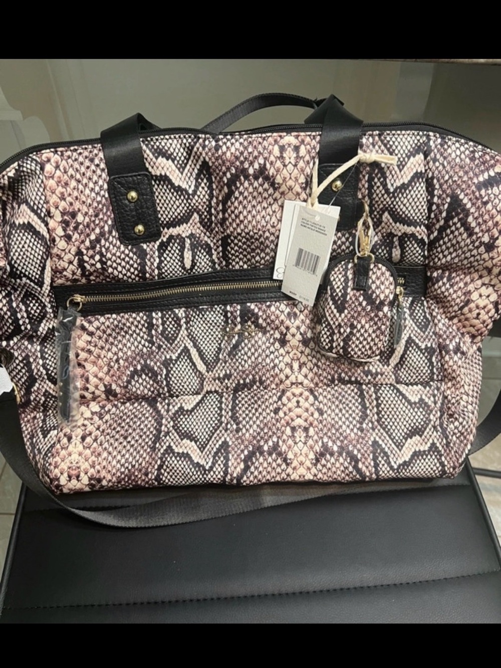 Jessica Simpson Snake-Print Travel Tote in Black and Cream and Pink